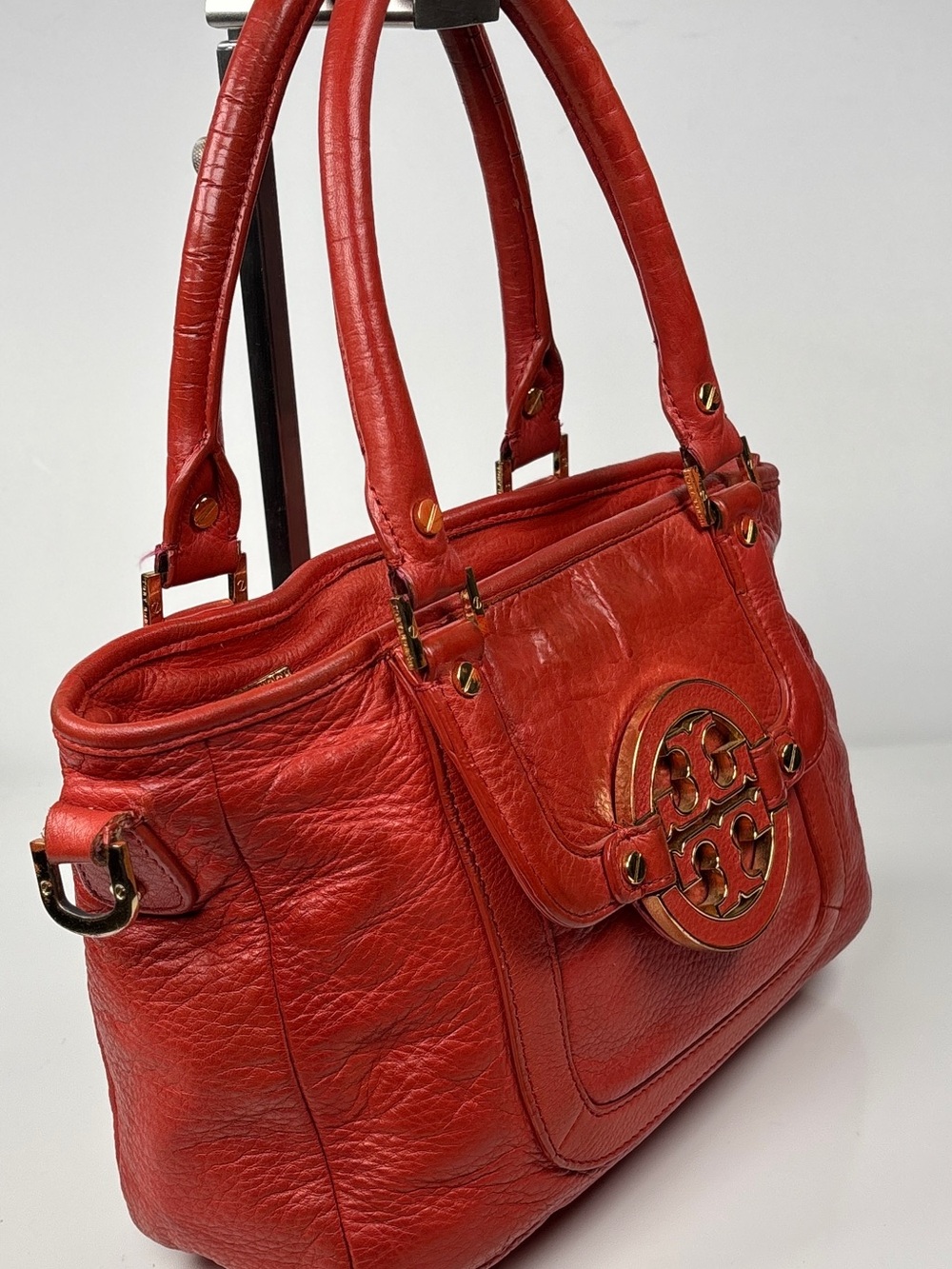 Tory burch Red Orange Amanda - Leather Shoulder Tote Bag with Gold Accents. - Picture 5 of 13